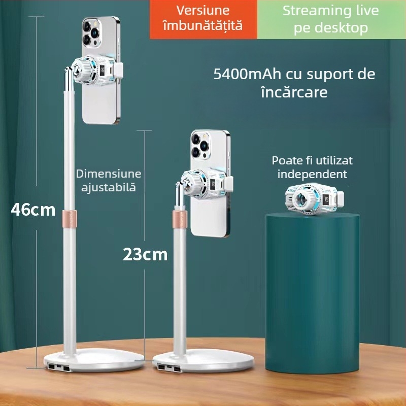 Suport de telefon pentru streaming pe birou cu răcire — controlul temperaturii cu afișaj digital, răcire cu semiconductori, 6W, Type-C, 125 g, ABS+PC+aluminiu