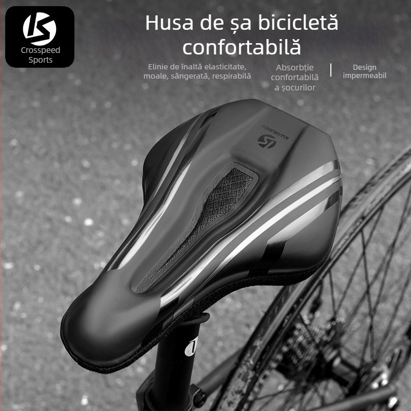 Husă pentru șa de bicicletă, burete îngroșat pentru confort, model KS-2503, brand Kuasuodt/Cross Speed Sports, compatibilă cu biciclete obișnuite, materiale: piele U + silicon + burete + plasă tip sandwich