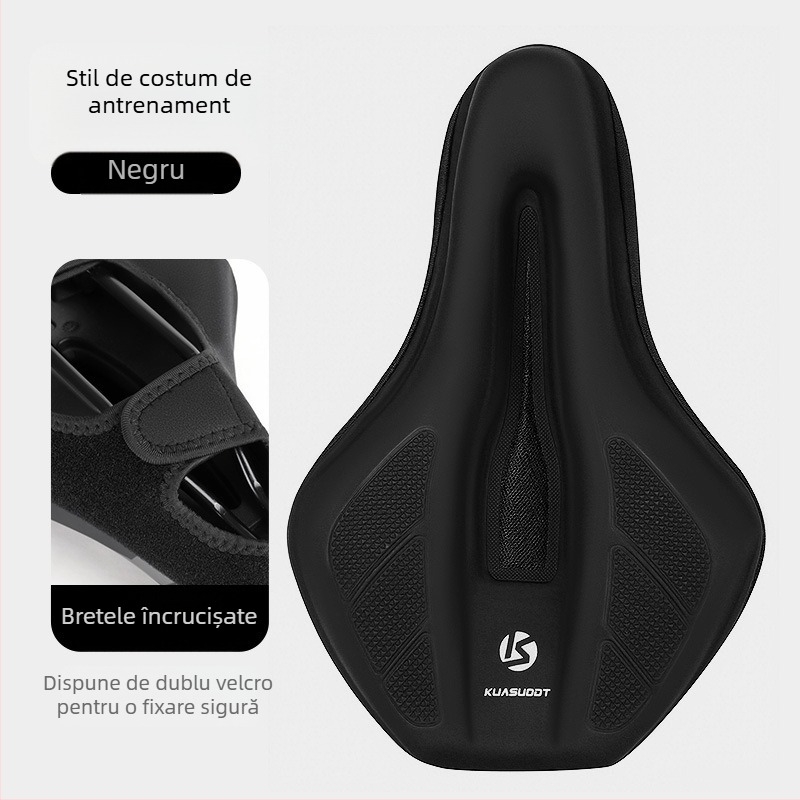 Husă pentru șa de bicicletă, burete îngroșat pentru confort, model KS-2503, brand Kuasuodt/Cross Speed Sports, compatibilă cu biciclete obișnuite, materiale: piele U + silicon + burete + plasă tip sandwich