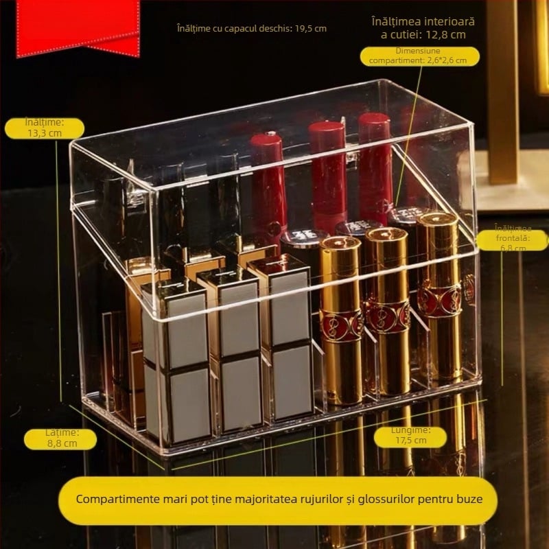 Organizator acrilic pentru rujuri – cutie de depozitare cosmetică, protecție la praf, pentru birou sau internat, stil minimalist, lansat în 2023
