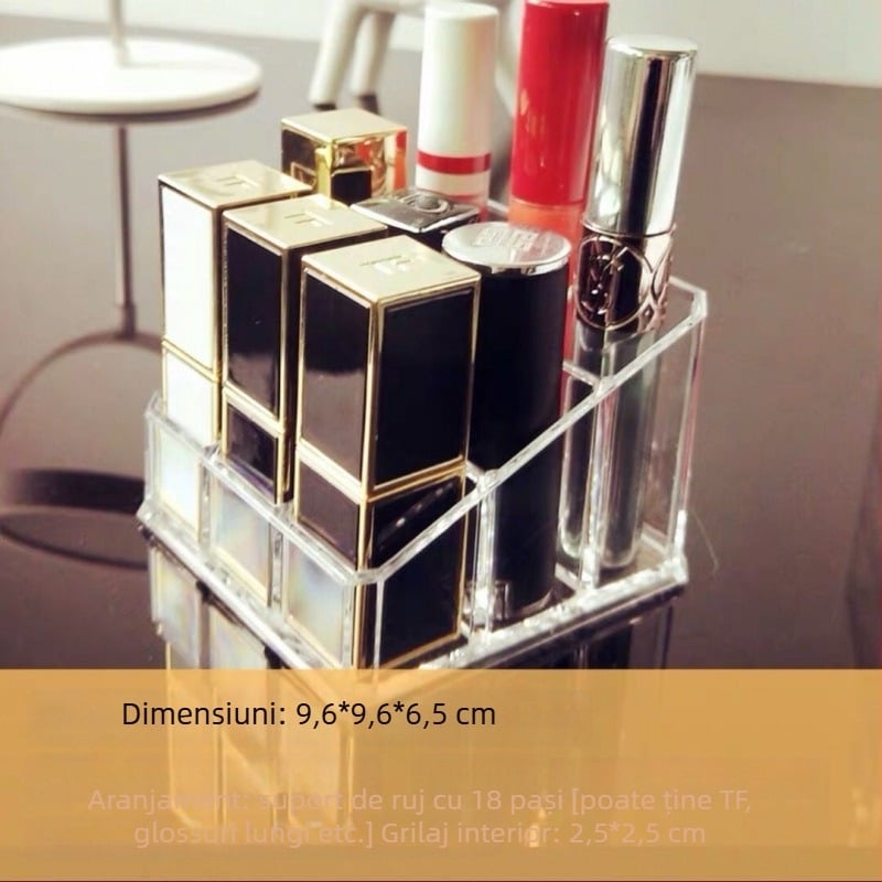 Organizator acrilic pentru rujuri – cutie de depozitare cosmetică, protecție la praf, pentru birou sau internat, stil minimalist, lansat în 2023