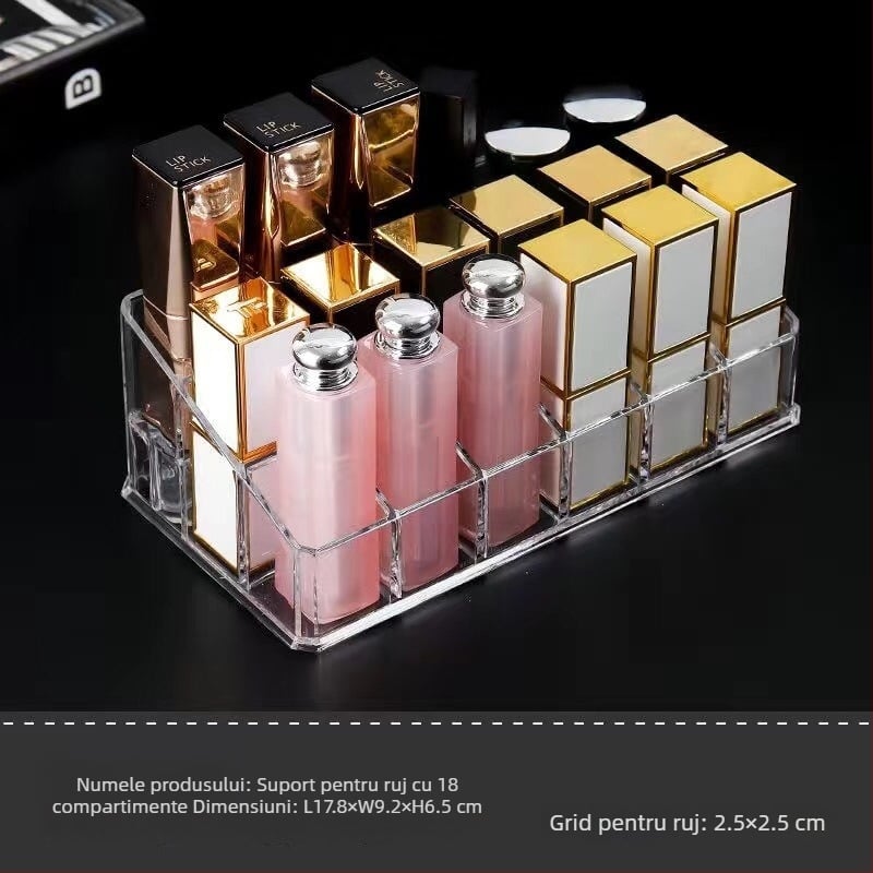 Organizator acrilic pentru rujuri – cutie de depozitare cosmetică, protecție la praf, pentru birou sau internat, stil minimalist, lansat în 2023