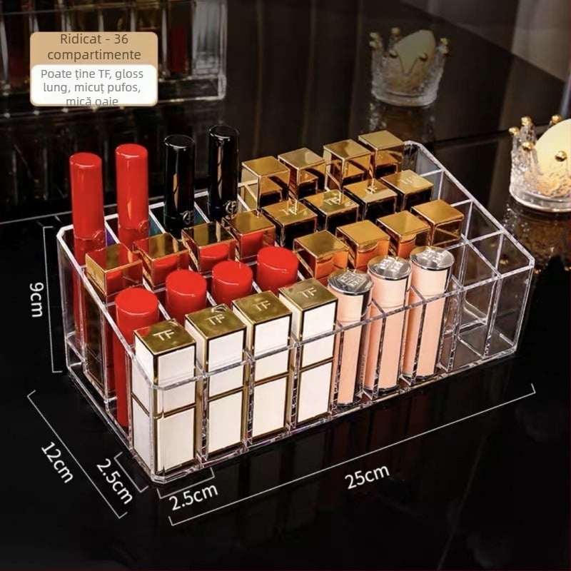 Organizator acrilic pentru rujuri – cutie de depozitare cosmetică, protecție la praf, pentru birou sau internat, stil minimalist, lansat în 2023