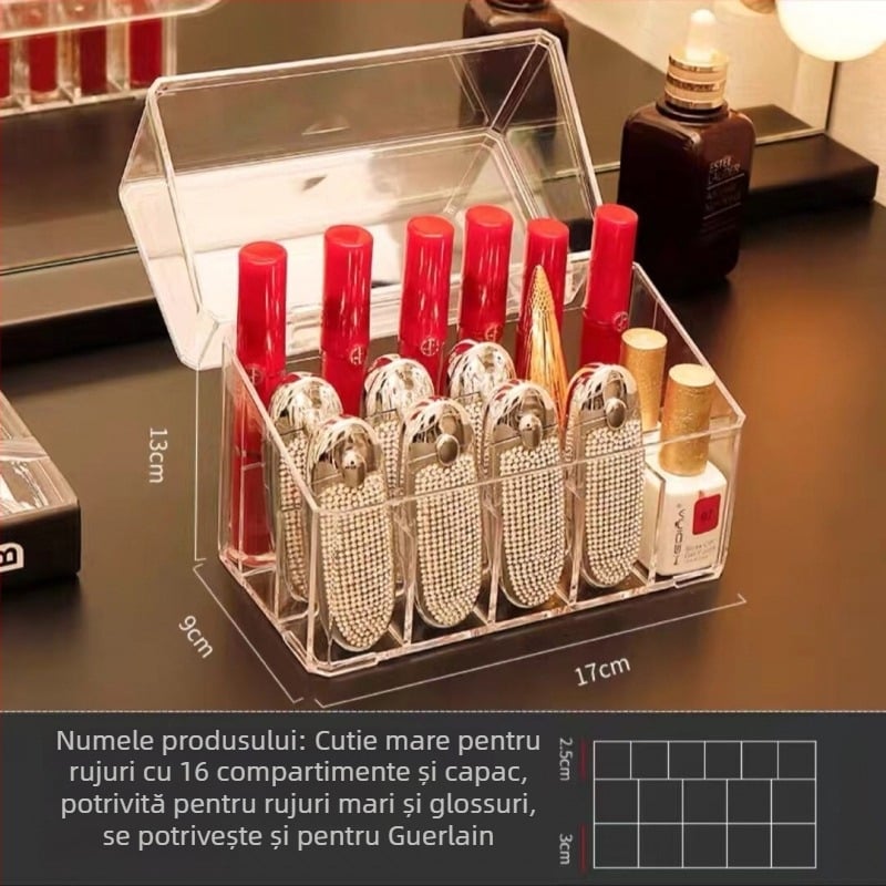 Organizator acrilic pentru rujuri – cutie de depozitare cosmetică, protecție la praf, pentru birou sau internat, stil minimalist, lansat în 2023