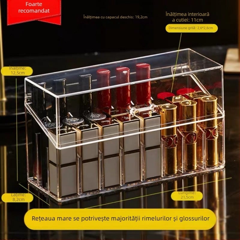 Organizator acrilic pentru rujuri – cutie de depozitare cosmetică, protecție la praf, pentru birou sau internat, stil minimalist, lansat în 2023