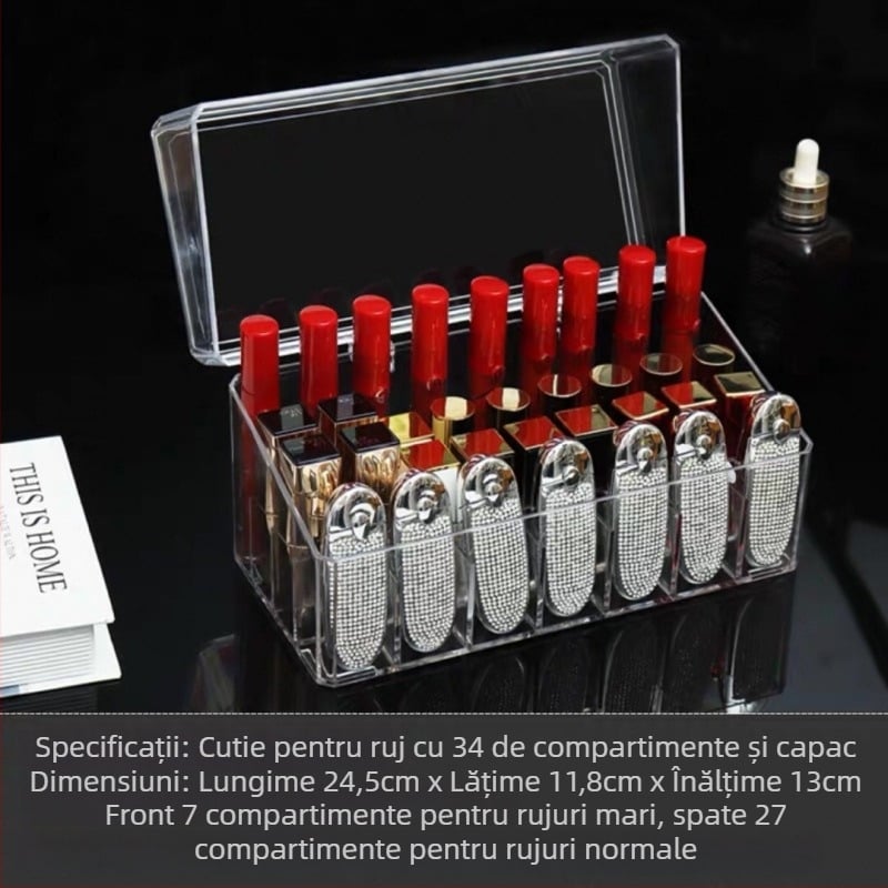 Organizator acrilic pentru rujuri – cutie de depozitare cosmetică, protecție la praf, pentru birou sau internat, stil minimalist, lansat în 2023