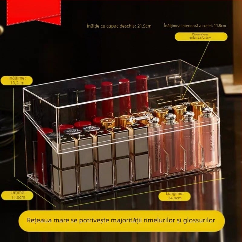 Organizator acrilic pentru rujuri – cutie de depozitare cosmetică, protecție la praf, pentru birou sau internat, stil minimalist, lansat în 2023