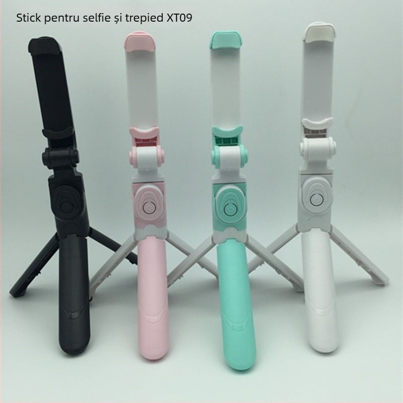 XT09 Selfie Stick cu trepied pentru telefoane, din oțel inoxidabil, Bluetooth, telecomandă inclusă, compatibil universal, orientare orizontală și verticală