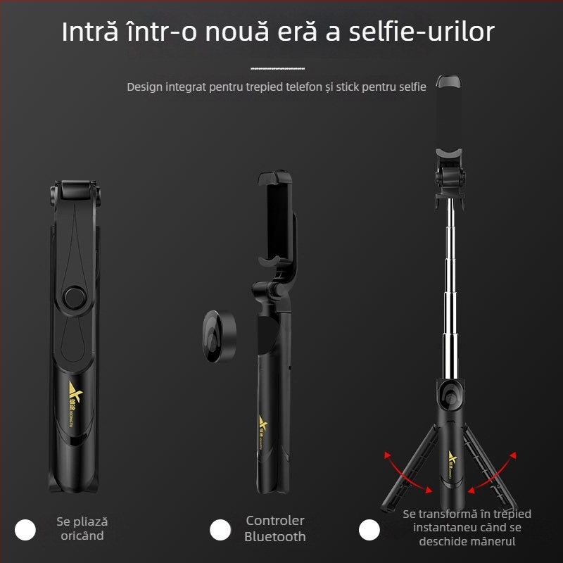 XT09 Selfie Stick cu trepied pentru telefoane, din oțel inoxidabil, Bluetooth, telecomandă inclusă, compatibil universal, orientare orizontală și verticală