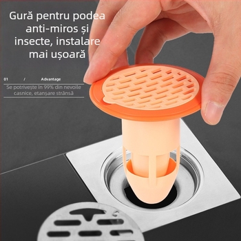 Dispozitiv din plastic pentru prevenirea mirosurilor din drenajul podelei, cu filtru și capac