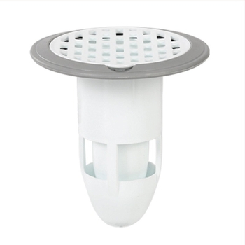 Dispozitiv din plastic pentru prevenirea mirosurilor din drenajul podelei, cu filtru și capac