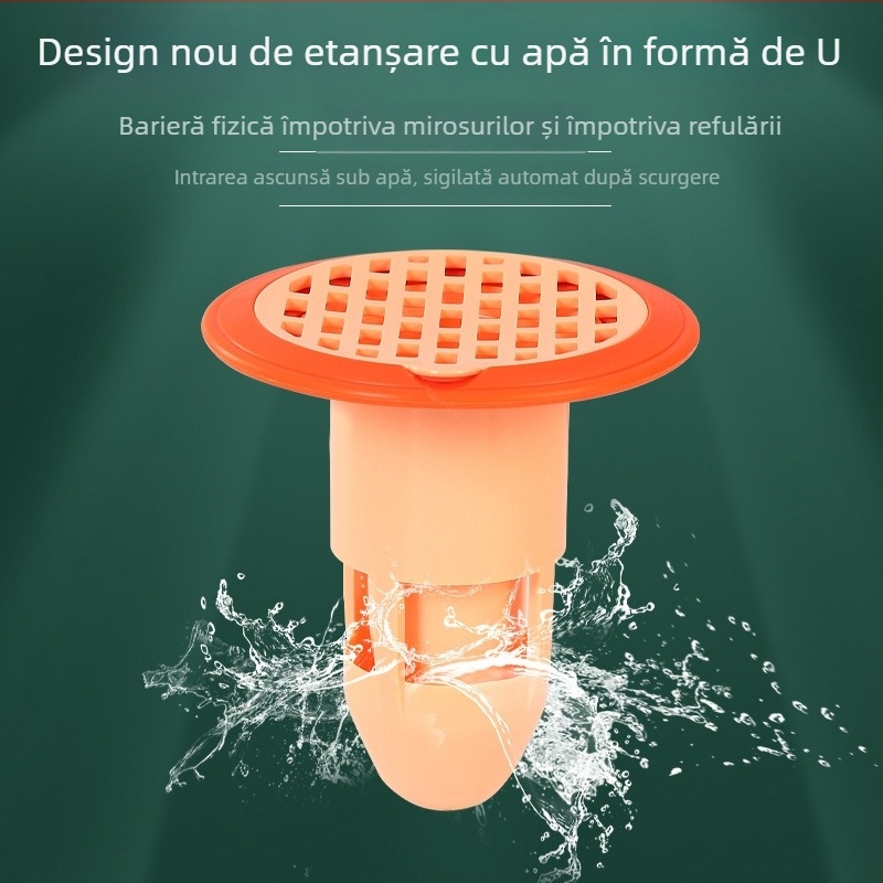 Dispozitiv din plastic pentru prevenirea mirosurilor din drenajul podelei, cu filtru și capac