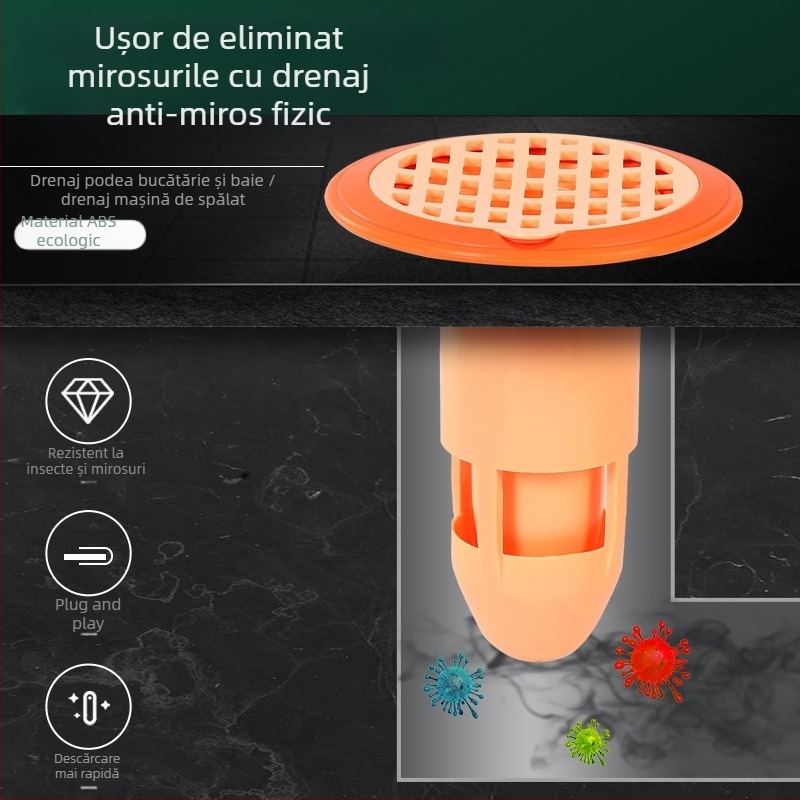 Dispozitiv din plastic pentru prevenirea mirosurilor din drenajul podelei, cu filtru și capac