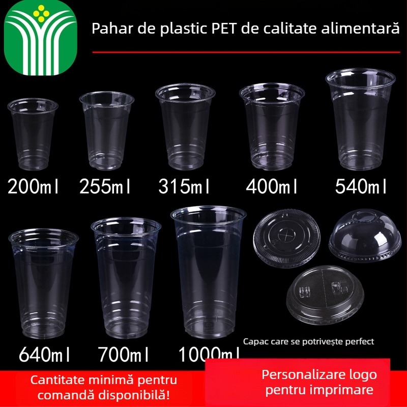 Cupă PET de unică folosință, personalizabilă prin imprimare flexografică, cu capac, posibilitatea imprimării logo-ului, pentru jeleu, iaurt, ceai cu lapte și băuturi reci
