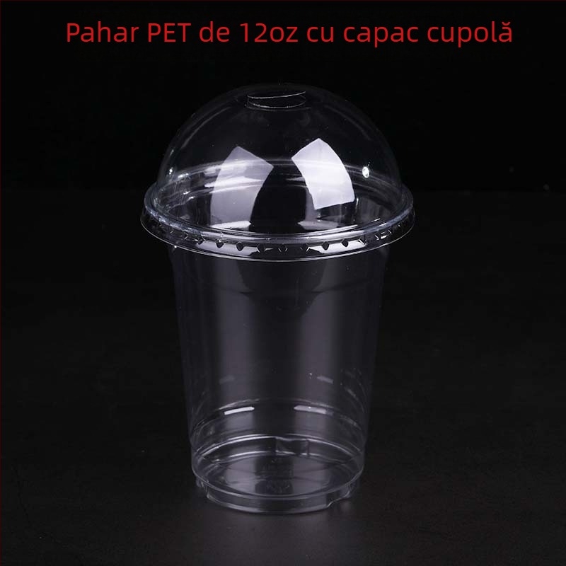 Cupă PET de unică folosință, personalizabilă prin imprimare flexografică, cu capac, posibilitatea imprimării logo-ului, pentru jeleu, iaurt, ceai cu lapte și băuturi reci