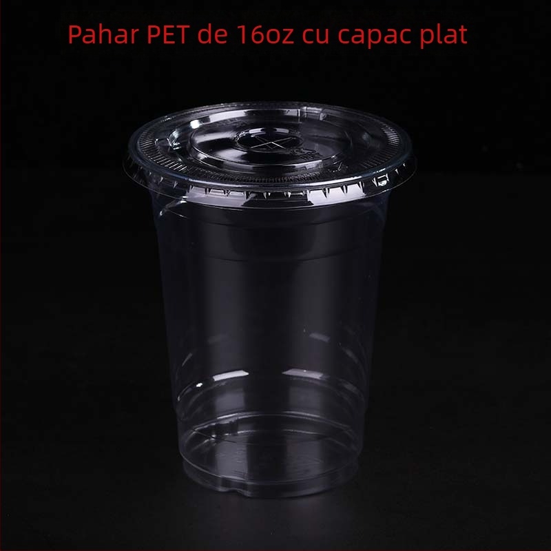 Cupă PET de unică folosință, personalizabilă prin imprimare flexografică, cu capac, posibilitatea imprimării logo-ului, pentru jeleu, iaurt, ceai cu lapte și băuturi reci