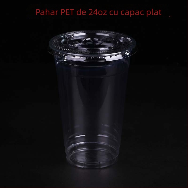 Cupă PET de unică folosință, personalizabilă prin imprimare flexografică, cu capac, posibilitatea imprimării logo-ului, pentru jeleu, iaurt, ceai cu lapte și băuturi reci