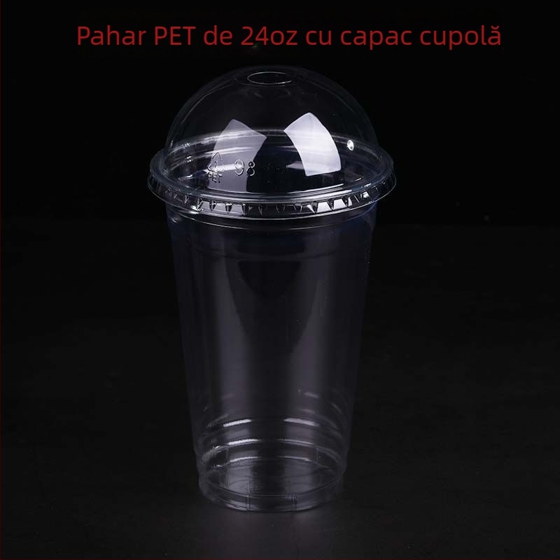 Cupă PET de unică folosință, personalizabilă prin imprimare flexografică, cu capac, posibilitatea imprimării logo-ului, pentru jeleu, iaurt, ceai cu lapte și băuturi reci