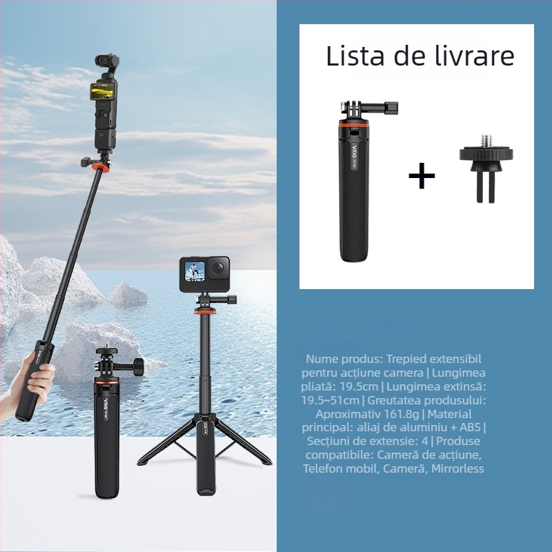 Brdrc trepied extensibil pentru selfie, compatibil cu DJI Action 5 Pro, Osmo 360 / Osmo 3/4 — aliaj de aluminiu