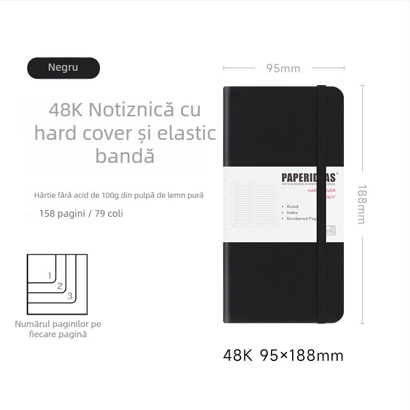 PAPERIDEAS 48K Caiet pentru studenți cu pătrate în grilă, copertă din piele PU, bandă elastică, carnet de buzunar