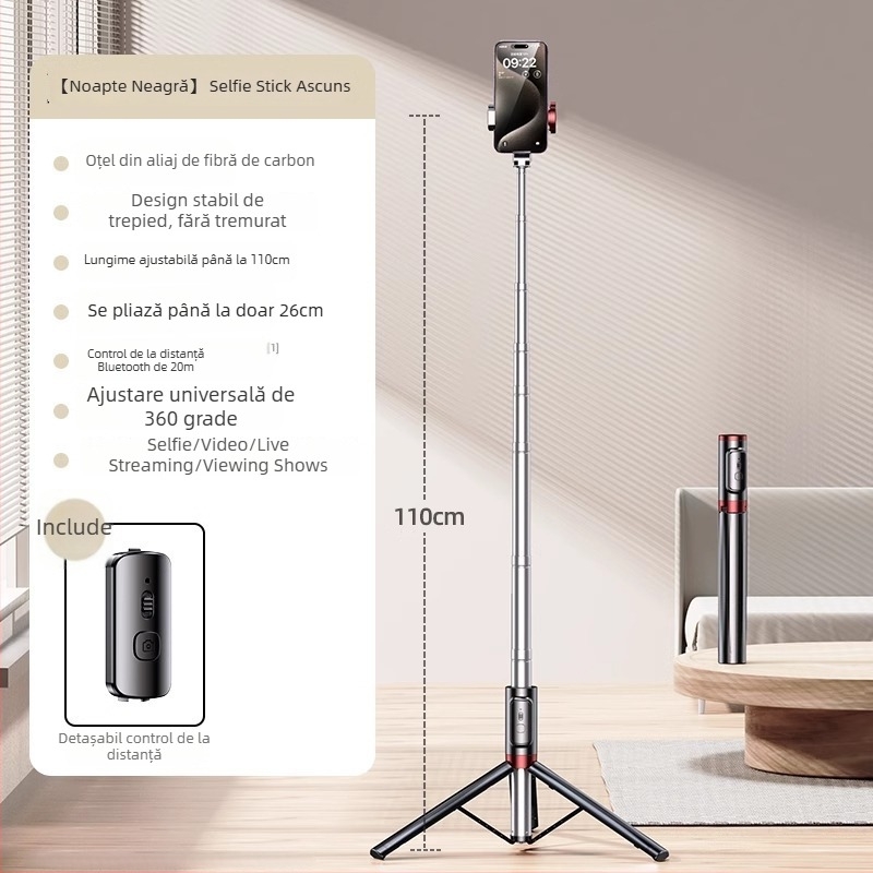 Selfie stick cu trepied încorporat pe podea și lumină pentru fotografii — Brand Crenov/Kerunle; Bluetooth; telecomandă; personalizare