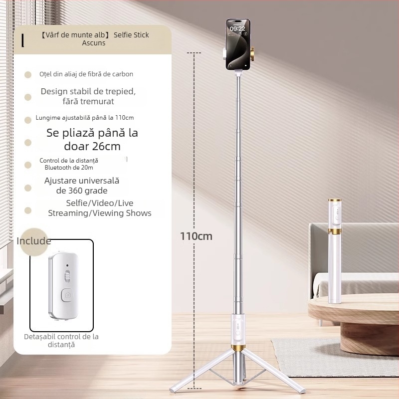 Selfie stick cu trepied încorporat pe podea și lumină pentru fotografii — Brand Crenov/Kerunle; Bluetooth; telecomandă; personalizare