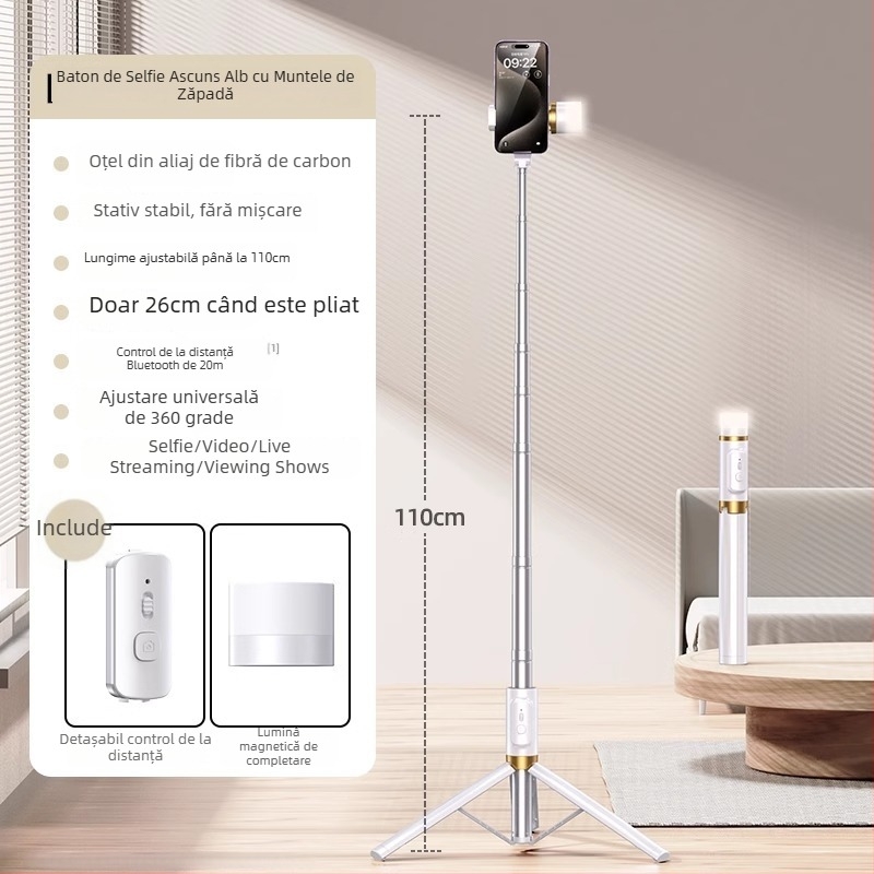 Selfie stick cu trepied încorporat pe podea și lumină pentru fotografii — Brand Crenov/Kerunle; Bluetooth; telecomandă; personalizare