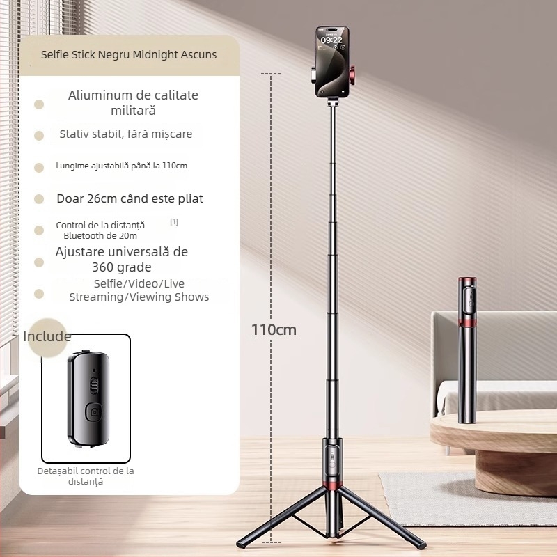 Selfie stick cu trepied încorporat pe podea și lumină pentru fotografii — Brand Crenov/Kerunle; Bluetooth; telecomandă; personalizare