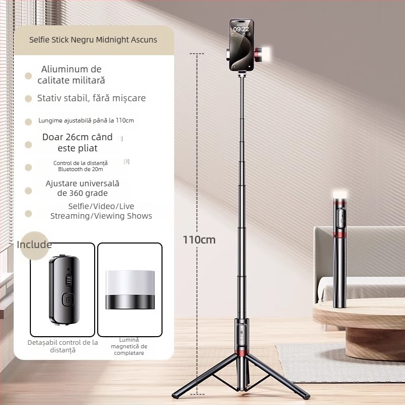 Selfie stick cu trepied încorporat pe podea și lumină pentru fotografii — Brand Crenov/Kerunle; Bluetooth; telecomandă; personalizare