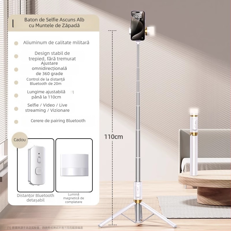 Selfie stick cu trepied încorporat pe podea și lumină pentru fotografii — Brand Crenov/Kerunle; Bluetooth; telecomandă; personalizare