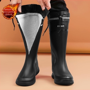 Cizme de ploaie până la genunchi din PU, talpă PVC, căptușeală și branț PU, anti-derapaj și călduroase, toc wedge mic, vârf rotund