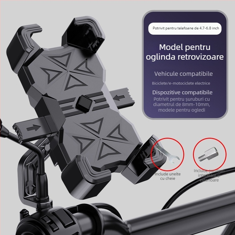 Suport universal pentru telefon pentru scuter electric, motocicletă și bicicletă — prindere antișoc cu patru brațe, corp din plastic