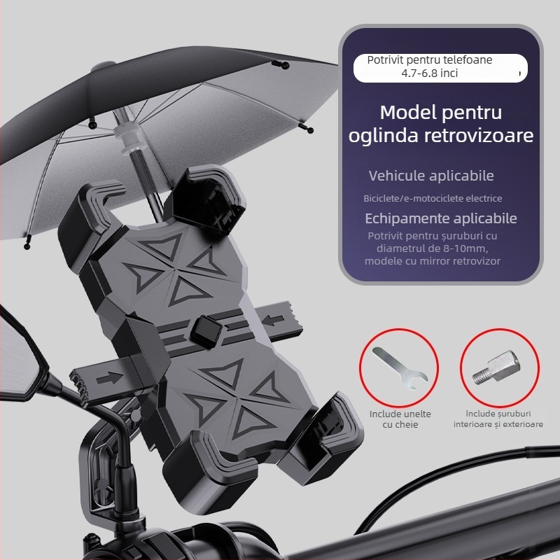 Suport universal pentru telefon pentru scuter electric, motocicletă și bicicletă — prindere antișoc cu patru brațe, corp din plastic