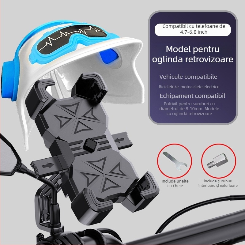 Suport universal pentru telefon pentru scuter electric, motocicletă și bicicletă — prindere antișoc cu patru brațe, corp din plastic
