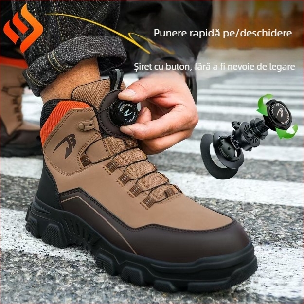 Pantofi de drumeție înalți, cu vârf din oțel, protecție antișoc și anti-perforație, material: piele microfibră + pânză