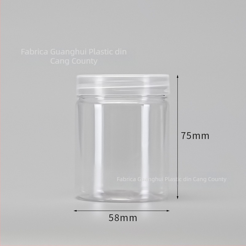 Recipient PET cu gură lată, capac cu filet spiral, transparent, pentru uz casnic, mai multe forme