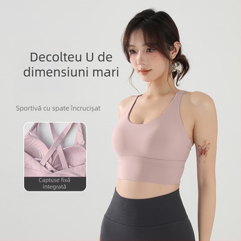 Sutien sport pentru femei, top sport unic, cu susținere înaltă, cupe pline cu formă medie, material nylon-spandex, bretele fixe duble, cu bureți încorporați.