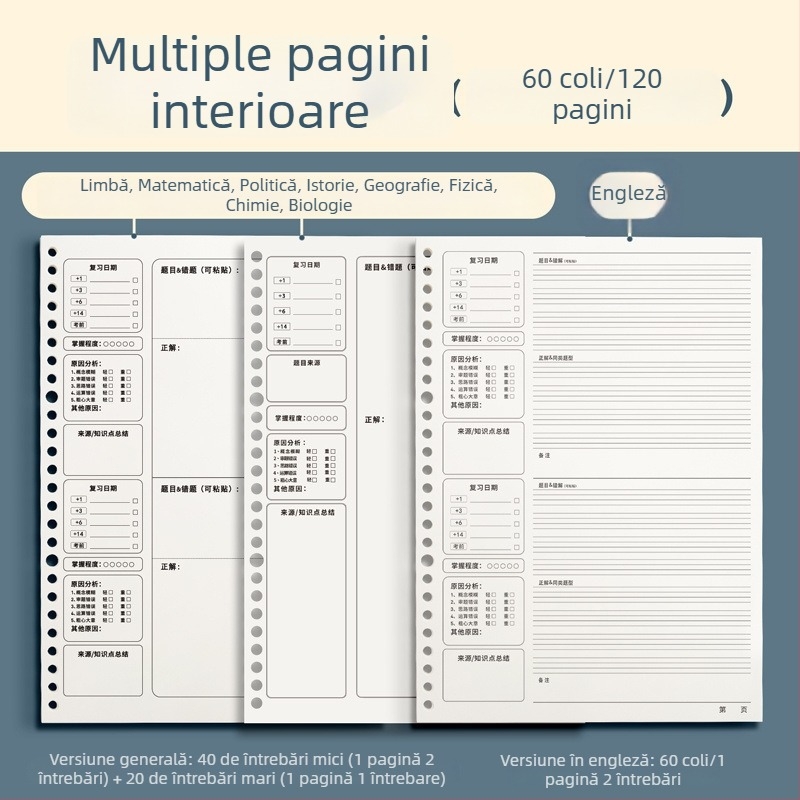 B5 Caiet de corectare a greșelilor pentru toate materiile, cu memoria Ebbinghaus, foi detașabile, pentru elevi gimnaziu și liceu