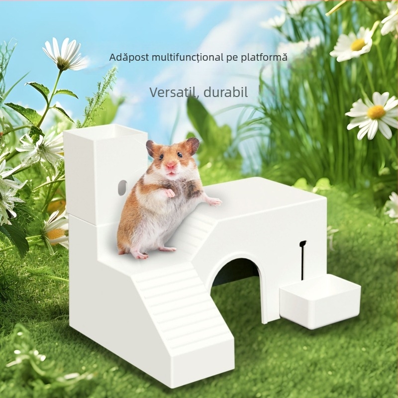 Cuib pentru hamster cu platformă, sticlă de apă și farfurie pentru mâncare — construcție din lemn, marcă YMG