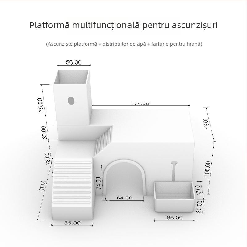 Cuib pentru hamster cu platformă, sticlă de apă și farfurie pentru mâncare — construcție din lemn, marcă YMG