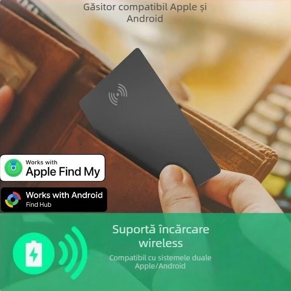 Dispozitiv dual-system pentru carduri, impermeabil, anti-pierdere, model K2 dual system, compatibil cu Apple AirTag și Android, interfață wireless, baterie de 75 mAh, ABS