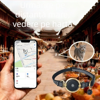 Colier de poziționare pentru animale de companie cu Airtag – aliaj de aluminiu, baterie tip buton, precizie GPS 30 m, dispozitiv de urmărire