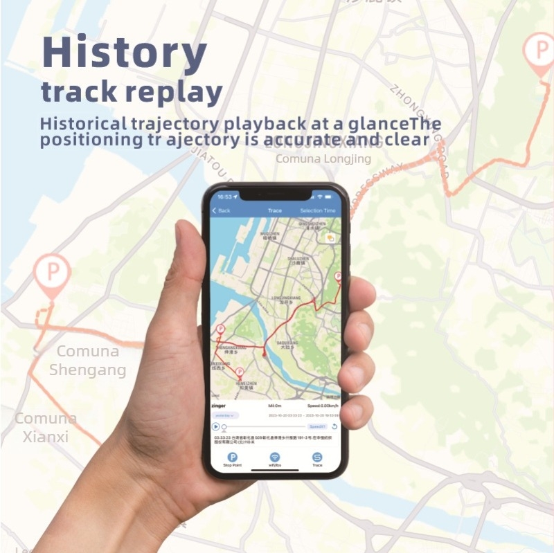 Trackere GPS pentru mașină, model M16; precizie GPS 5 m; moduri de alarmă: vibrație, pierdere alimentare, SOS, alarmă mobilă, incintă, viteză excesivă; dimensiuni 80×39×17 mm
