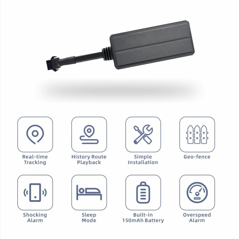 Trackere GPS pentru mașină, model M16; precizie GPS 5 m; moduri de alarmă: vibrație, pierdere alimentare, SOS, alarmă mobilă, incintă, viteză excesivă; dimensiuni 80×39×17 mm