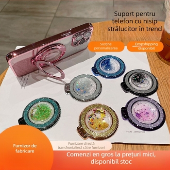 Suport pentru telefon cu inel metalic, autocolant pe spate cu efect nisip, stand de birou portabil — Personalizare disponibilă