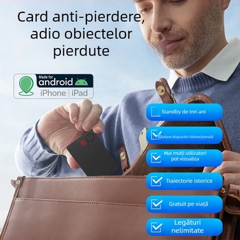 Tracker de card ultra-subțire cu poziționare globală pentru portofel — urmărire partajată, istoric de 7 zile, baterie 540 mAh