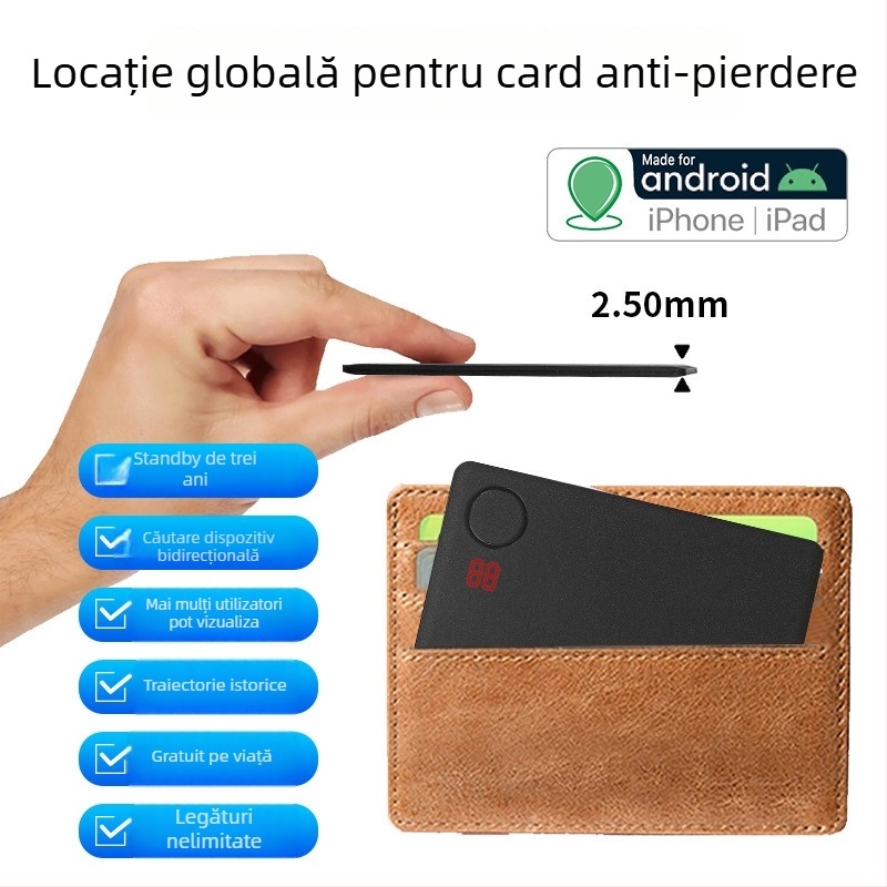 Tracker de card ultra-subțire cu poziționare globală pentru portofel — urmărire partajată, istoric de 7 zile, baterie 540 mAh