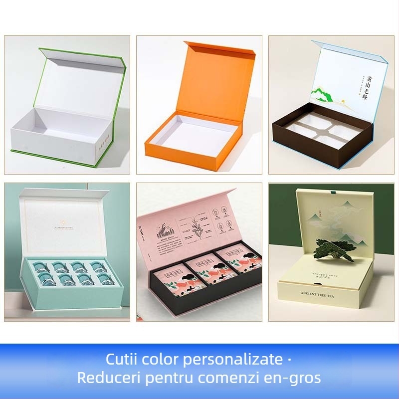 Cutie de ambalare cadouri de Anul Nou din carton, personalizabilă; 230 GSM; imprimare offset, serigrafie, embosare, UV, ștampilare cu aur/silver; imprimare logo disponibilă; dimensiuni interne și externe personalizabile