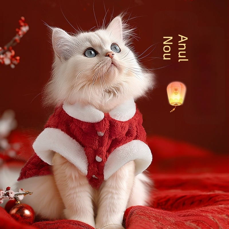 Vestă pentru pisici cu căptușeală de fleece - stil chinezesc Tang, îmbrăcăminte festivă pentru animale de companie de Anul Nou