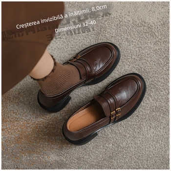 Loafers din piele cu creștere de 8,0 cm, vârf rotund, toc gros, slip-on cu cataramă